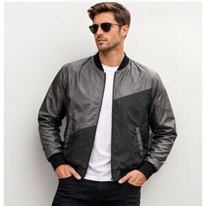 Sean John Bomber Jacket Men 2XL Gray Black Colorblock Zip Lightweight